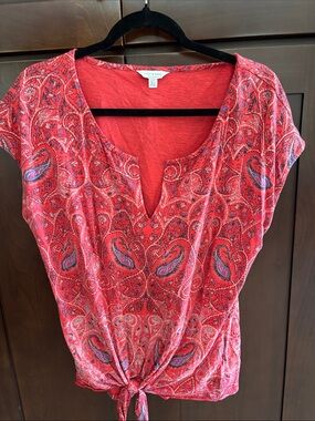 Lucky Brand  Red Paisley Tie-Hem Scoop Top